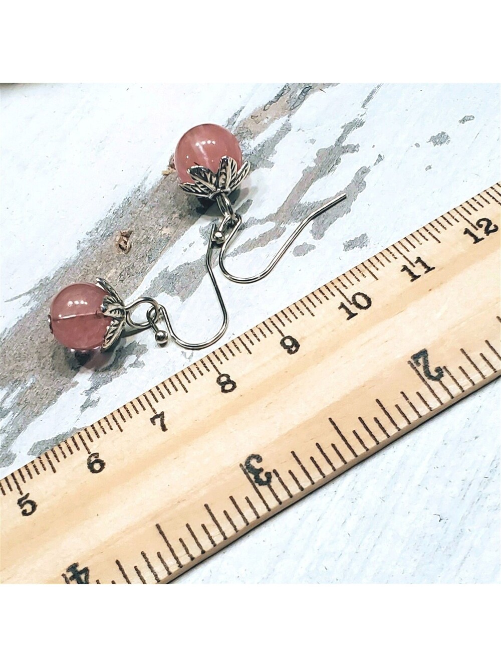 Cherry Quartz Gemstone Dangle Silver Platinum Plated Artsy Leaf Capped Earrings - Picture 11 of 11